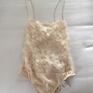 ZARA floral sequin bodysuit  cream size s